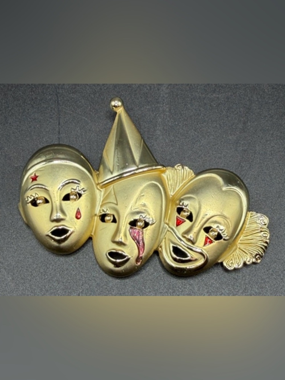 Vintage AJC Gold Tone Metal Red Enamel Sad Crying Clowns Brooch Pin Jewelry
